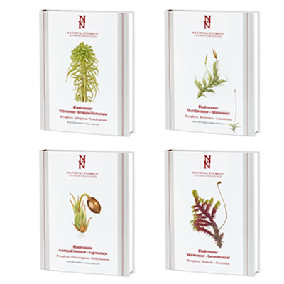 Fyra bokomslag med illustrerade mossor som motiv